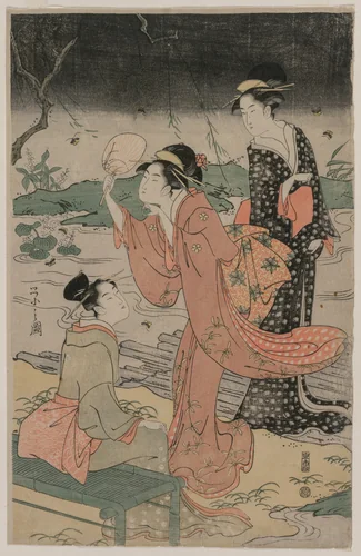 Women Beside a Stream Chasing Fireflies by Chōbunsai Eishi (鳥文斎栄之), print, 1796-1797