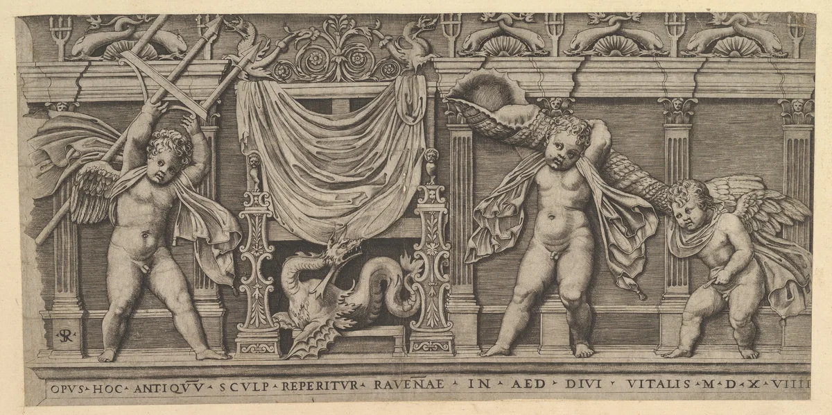 Bas-Relief with Three Cupids, from "Speculum Romanae Magnificentiae" by Marco Dente, print, 1519
