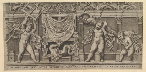 Bas-Relief with Three Cupids, from "Speculum Romanae Magnificentiae" by Marco Dente, print, 1519