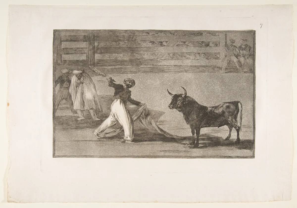 Plate 7 from "La Tauromaquia": Origin of the harpoon or banderillas by Goya, print, 1816