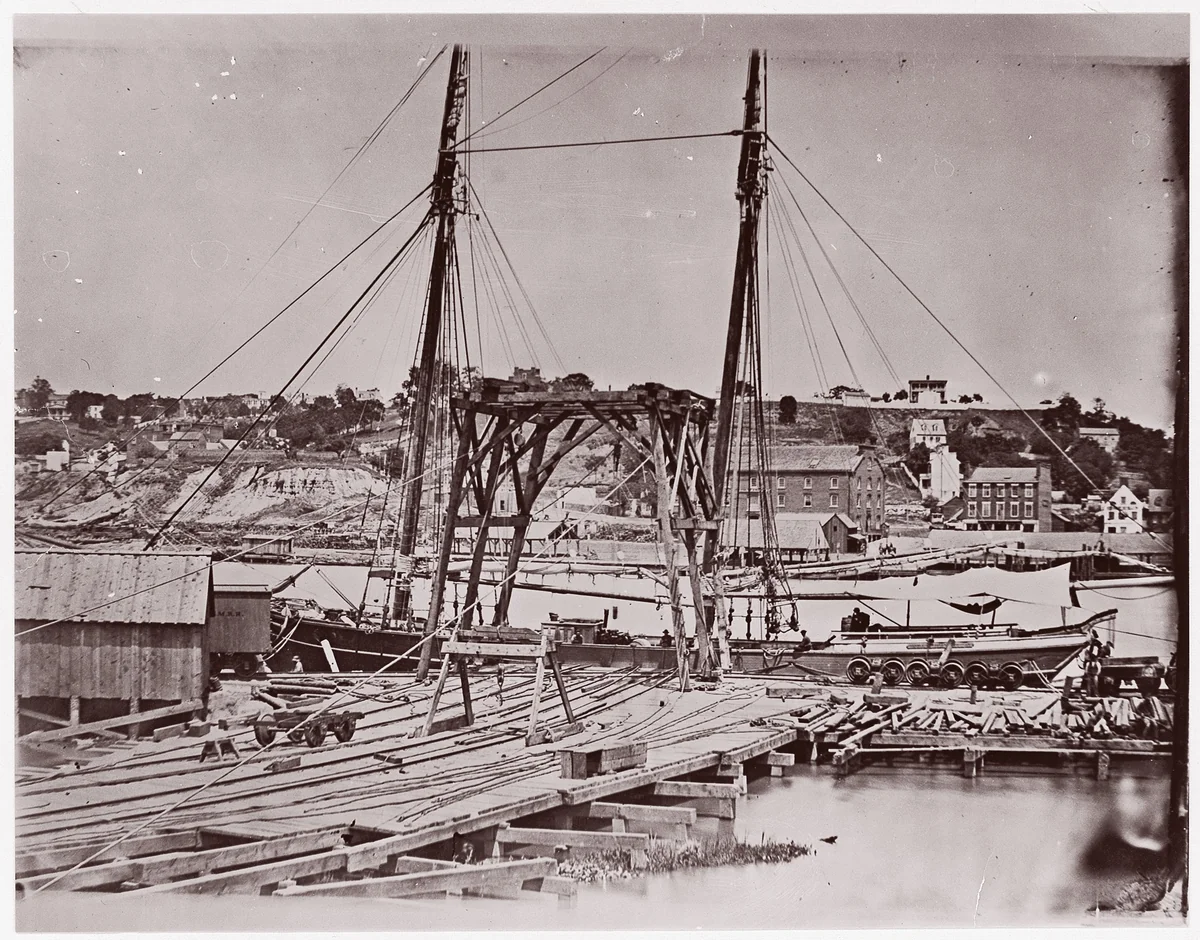 [Wharf, South Side of James River, Opposite Richmond, Virginia] by John Reekie, photograph, 1861-1865
