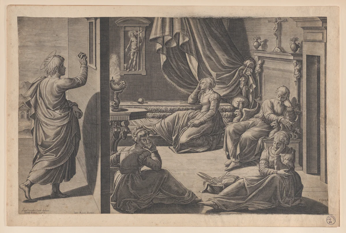 Saint Nicholas of Bari and the Three Poor Girls by Cristofano Cartaro, print, 1587