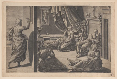 Saint Nicholas of Bari and the Three Poor Girls by Cristofano Cartaro, print, 1587