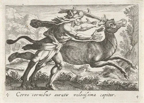 Hercules vangt de hinde van Cerynea by Simon Frisius, print, 1610-1664