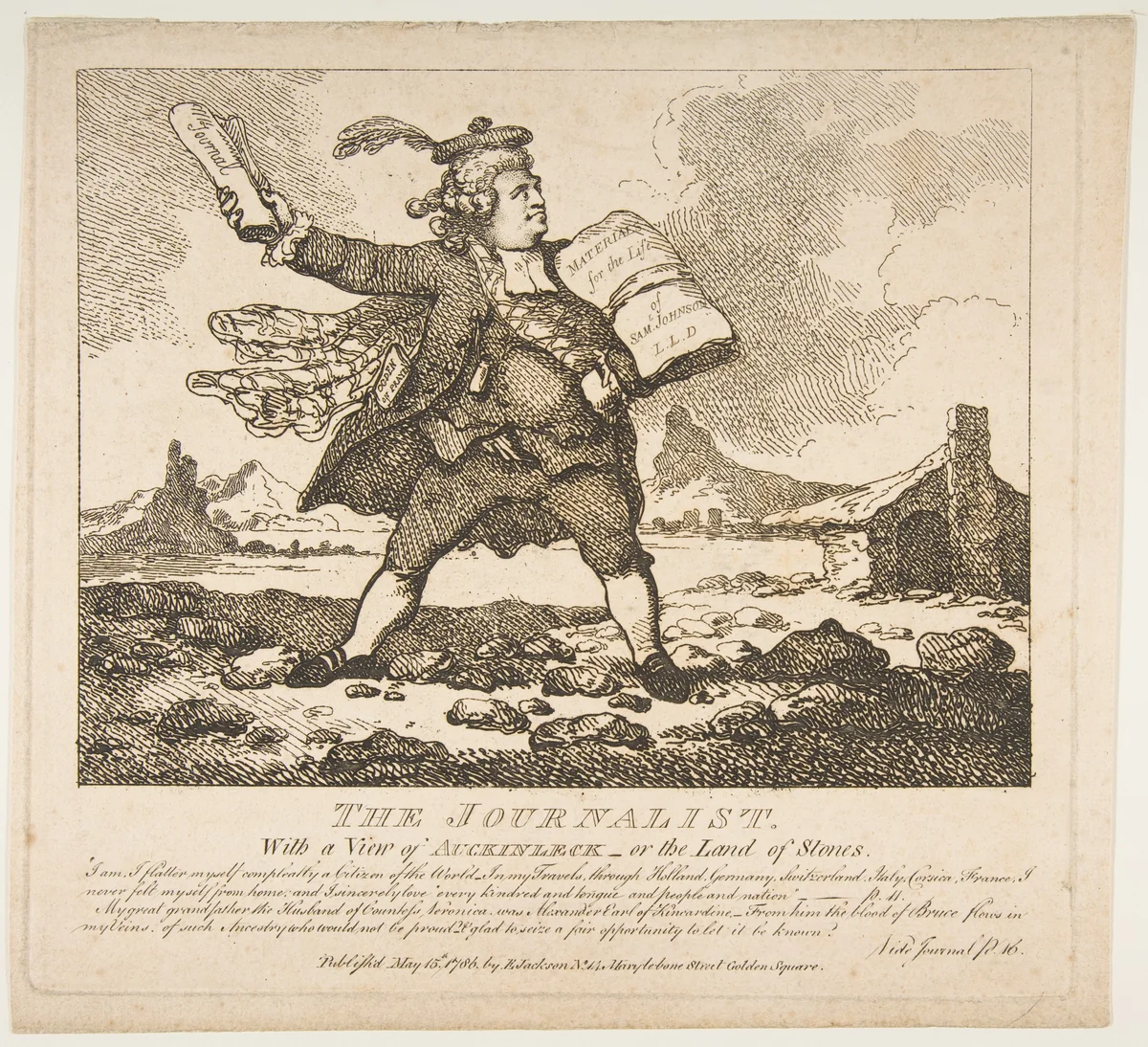 The Journalist, With a View of Auckinleck–or the Land of Stones (Picturesque Beauties of Boswell, Part the First) by Thomas Rowlandson, print, 1786
