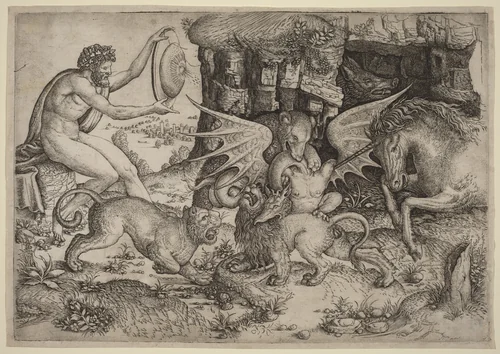 Allegorical Theme: Combat of Animals by Master of the Beheading of St. John the Baptist, print, 1515-1520