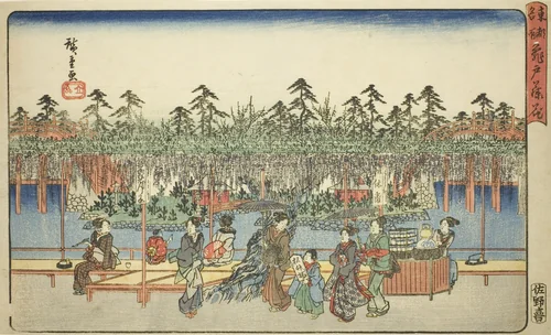 Wisteria at Kameido (Kameido Tenjin fuji hana), from the series "Famous Places in the Eastern Capital (Toto meisho)" by Utagawa Hiroshige (歌川広重), print, 1834-1847