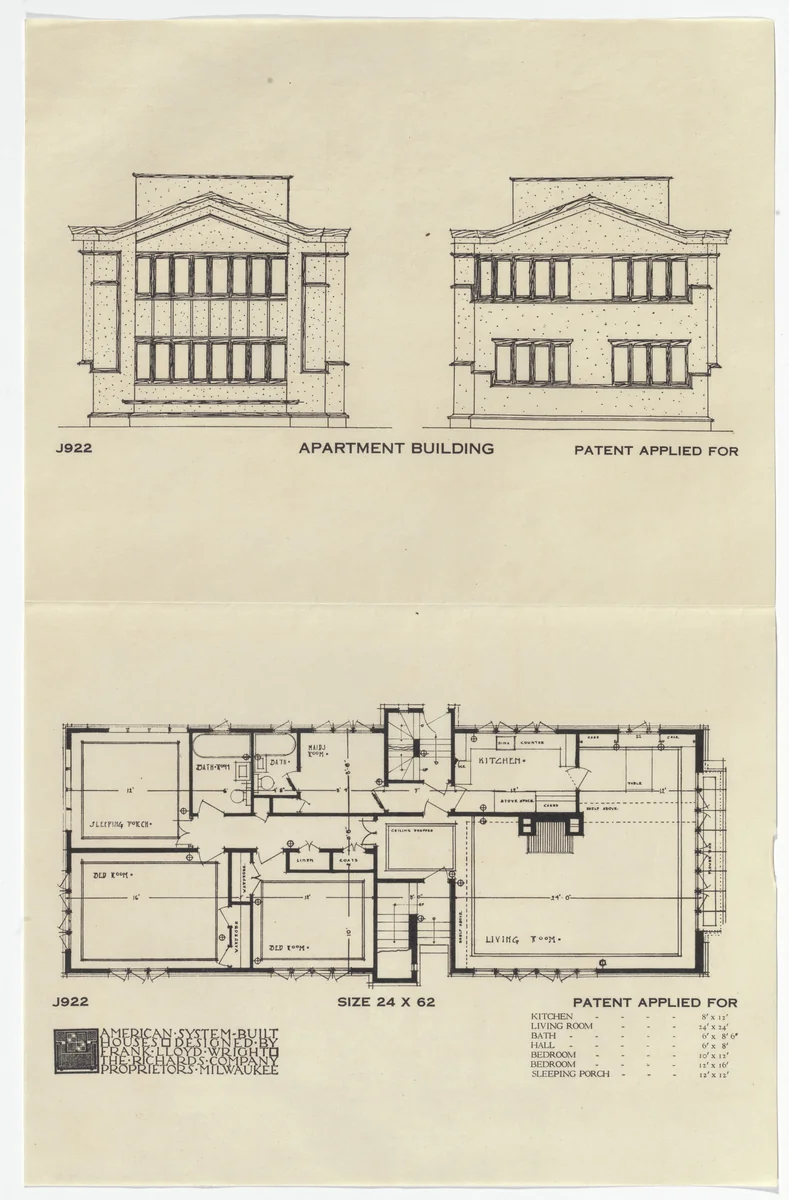 American System-Built Houses for The Richards Company project, Milwaukee, Wisconsin (Plan and elevations) by Frank Lloyd Wright, architecture, 1915