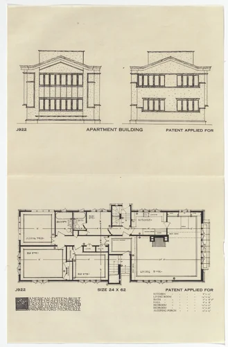 American System-Built Houses for The Richards Company project, Milwaukee, Wisconsin (Plan and elevations) by Frank Lloyd Wright, architecture, 1915