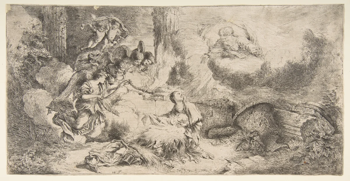 The Virgin and Child, God the father upper right, angels at left by Giovanni Benedetto Castiglione, print, 1642-1652