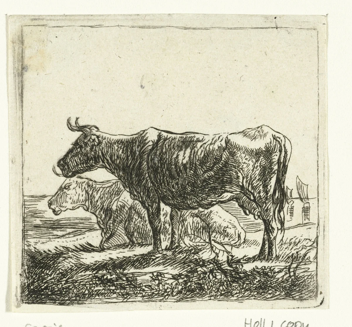 Twee koeien op rivieroever by anonymous, print, 1630-1691