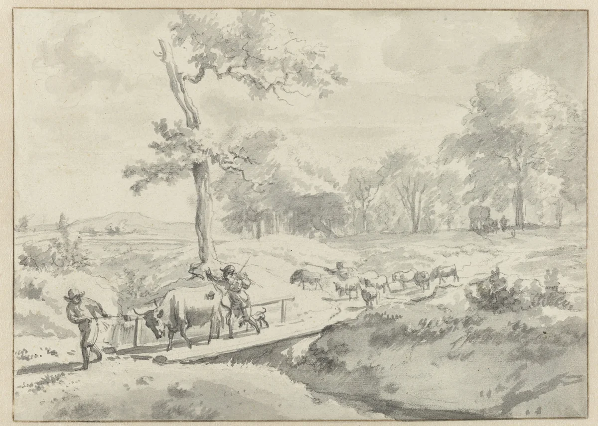 Landschap met herders bij een bruggetje by Adriaen van de Velde, drawing, 1646-1672