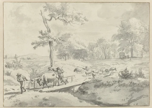 Landschap met herders bij een bruggetje by Adriaen van de Velde, drawing, 1646-1672