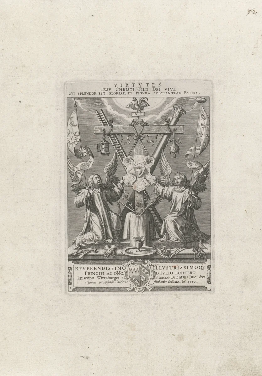 Twee engelen tonen de passiewerktuigen van Christus. by Unknown, print, 1588