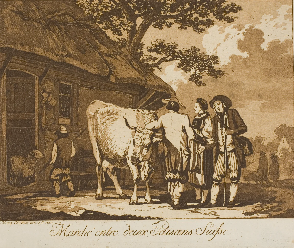 Two Swiss Peasants Bargaining by Marquand Wocher, print, 1785