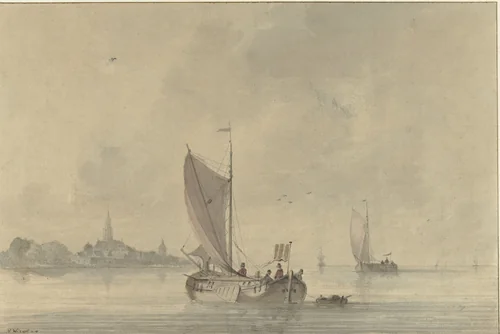 Zeilende schuiten op het water voor een Hollands stadje by Nicolaas Wicart, drawing, 1758-1815