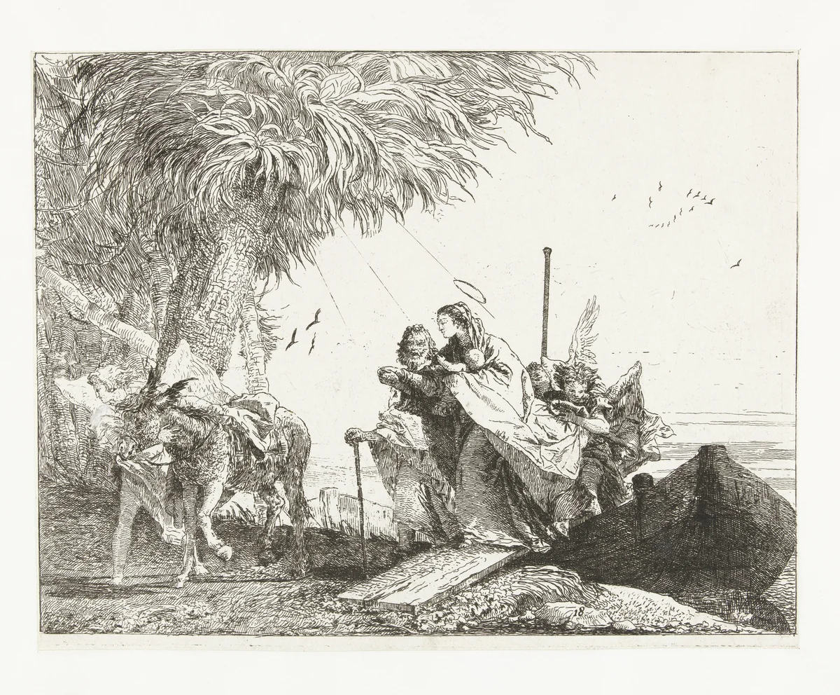 Heilige familie stapt uit boot begeleid door engelen by Giovanni Domenico Tiepolo, print, 1750-1753