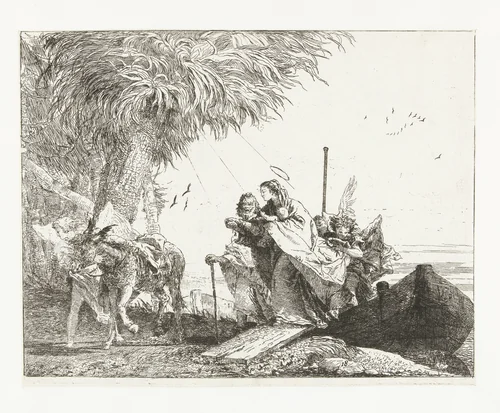 Heilige familie stapt uit boot begeleid door engelen by Giovanni Domenico Tiepolo, print, 1750-1753