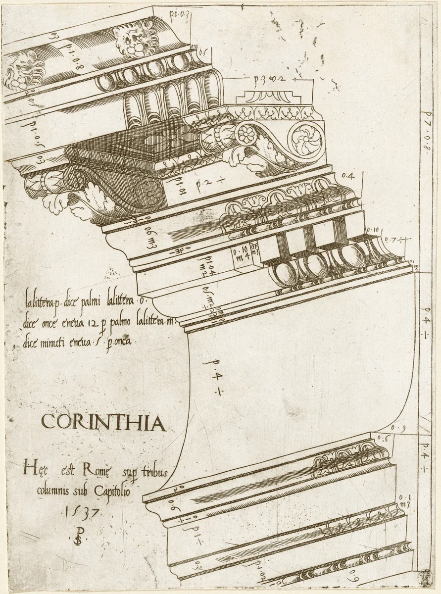 Entablature from the Temple of Vespasian, Rome by Master PS, print, 1537