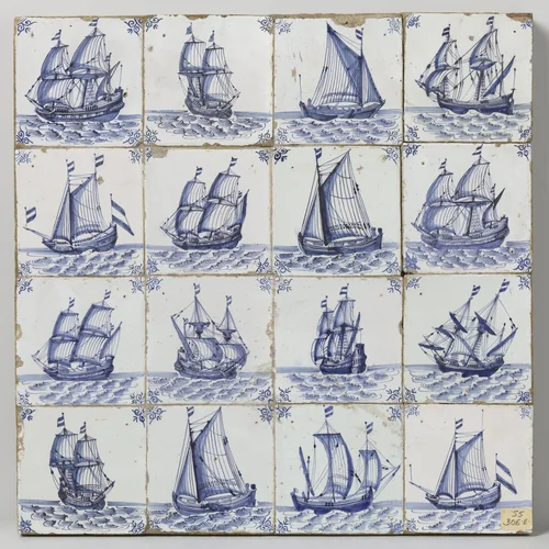 Veld van zestien tegels met schepen by anonymous, ceramic, 1650-1680