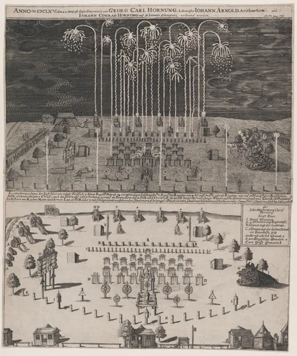 Fireworks on the Schiessplatz, Nuremberg, June 22, 1665 by Georg Carl Hornung, print, 1665-1700