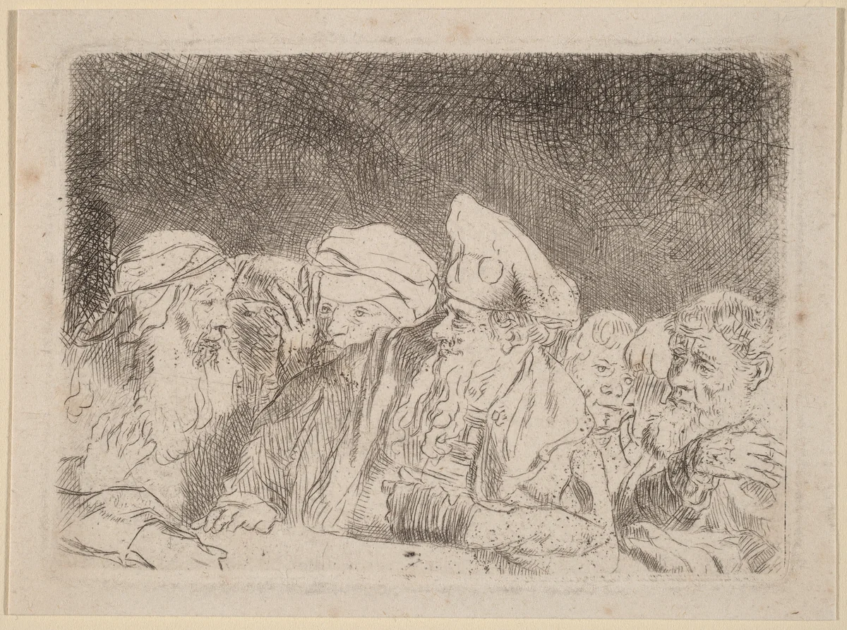 The Pharisees Debating (Fragment from the Hundred Guilder Print) by Rembrandt van Rijn, print, 1606-1669