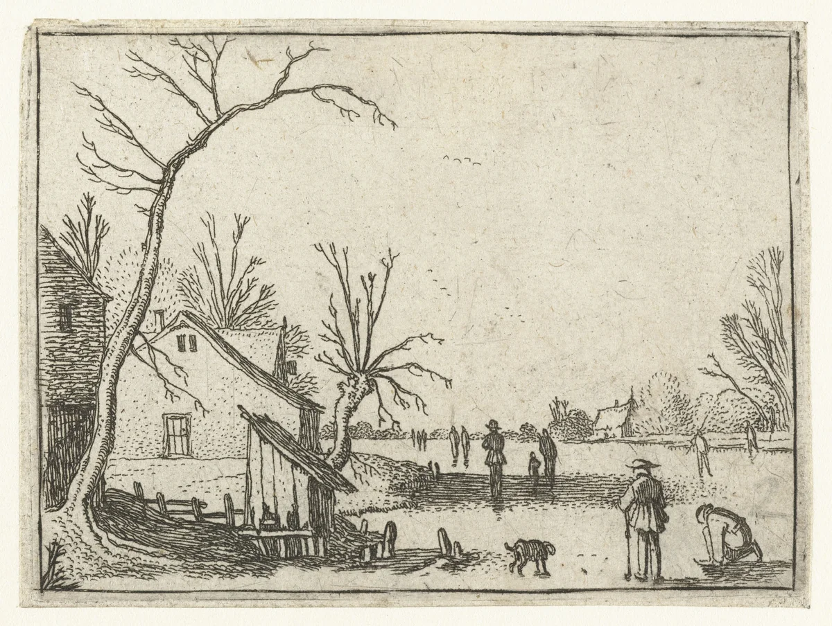 Boerderij bij bevroren rivier en schaatsers op het ijs by Esaias van de Velde, print, 1614