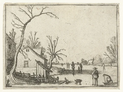 Boerderij bij bevroren rivier en schaatsers op het ijs by Esaias van de Velde, print, 1614