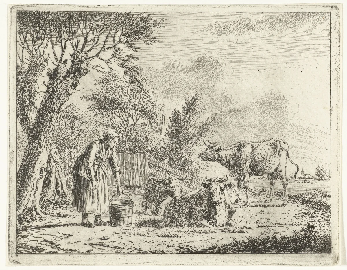 Landschap met vrouw met melkemmer en drie koeien bij boerderij by Cornelis Bisschop, print, 1777-1829