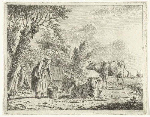 Landschap met vrouw met melkemmer en drie koeien bij boerderij by Cornelis Bisschop, print, 1777-1829