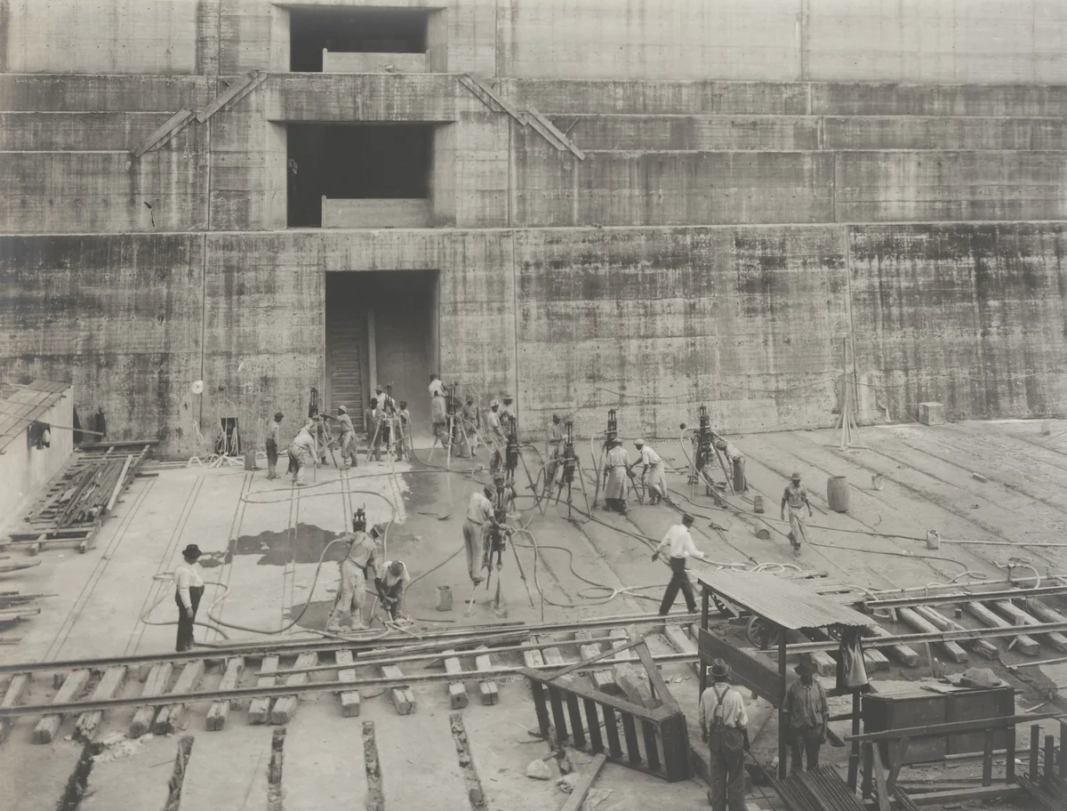 Dry Dock No. 1. Drilling slots for holding down bolts for Ducking keel blocks by Unidentified Photographer, photograph, 1916