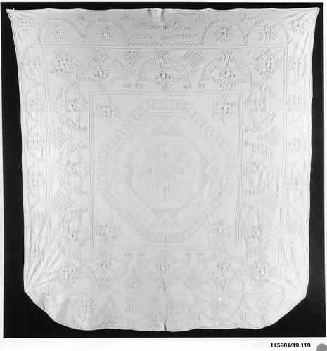 Embroidered whitework coverlet by Prudence Clark, artwork, 1817