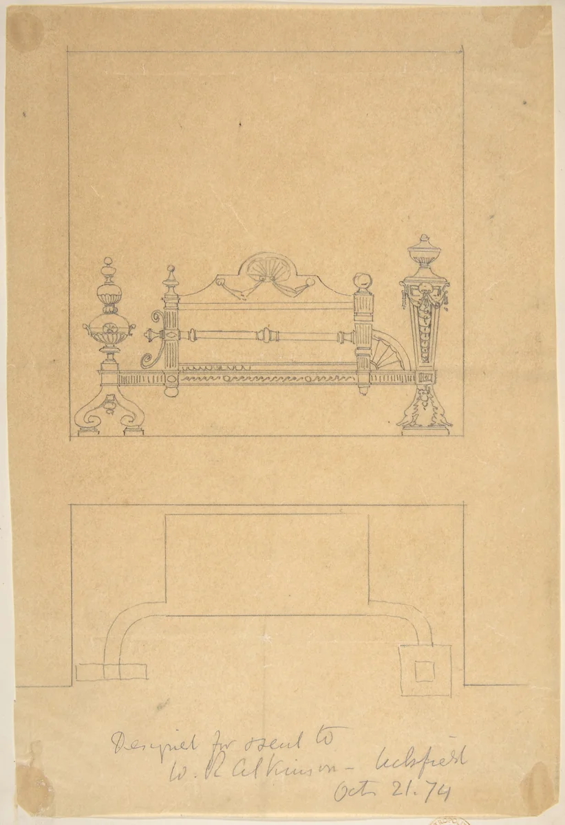 Design for Grate, with Plan by anonymous, drawing, 1874