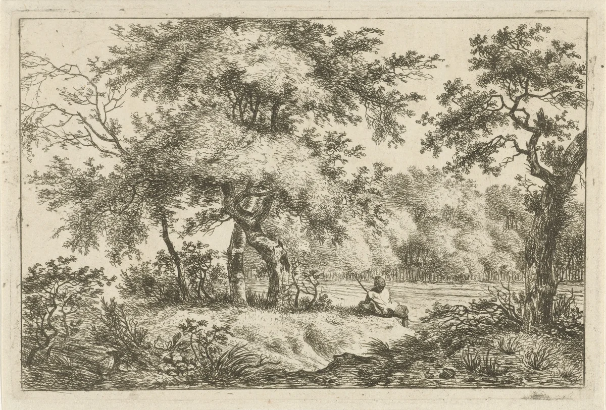 Rustende man in bos by Hermanus Fock, print, 1781-1822