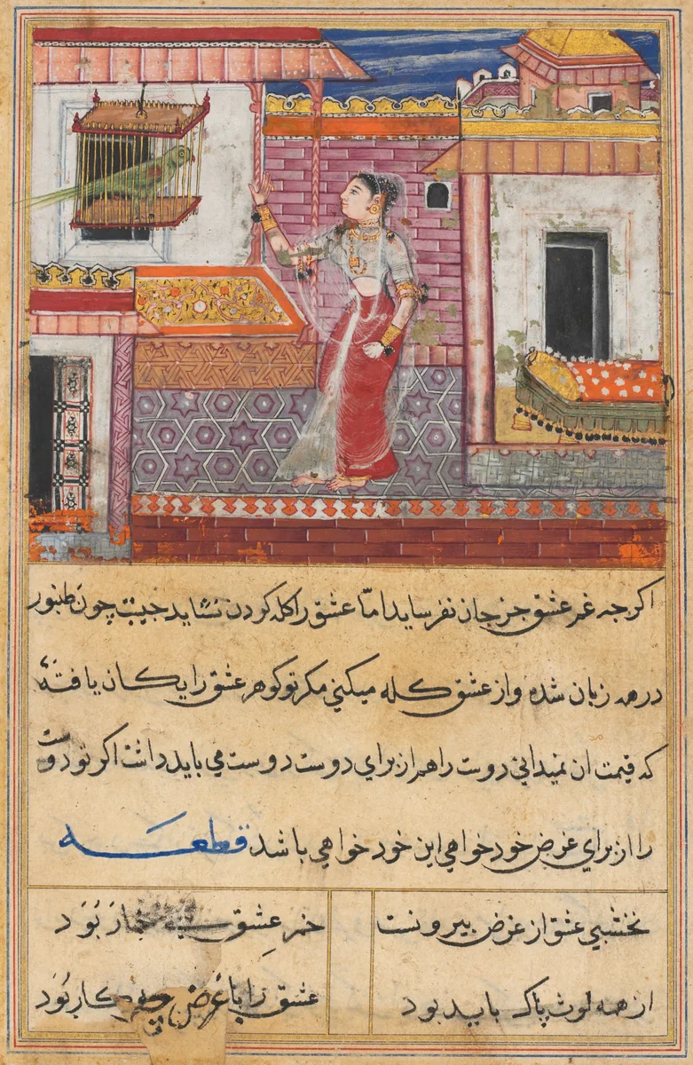 The Parrot Addresses Khujasta at the Beginning of the Thirteenth Night, from a Tuti-nama (Tales of a Parrot) by Tara, painting, 1555-1565