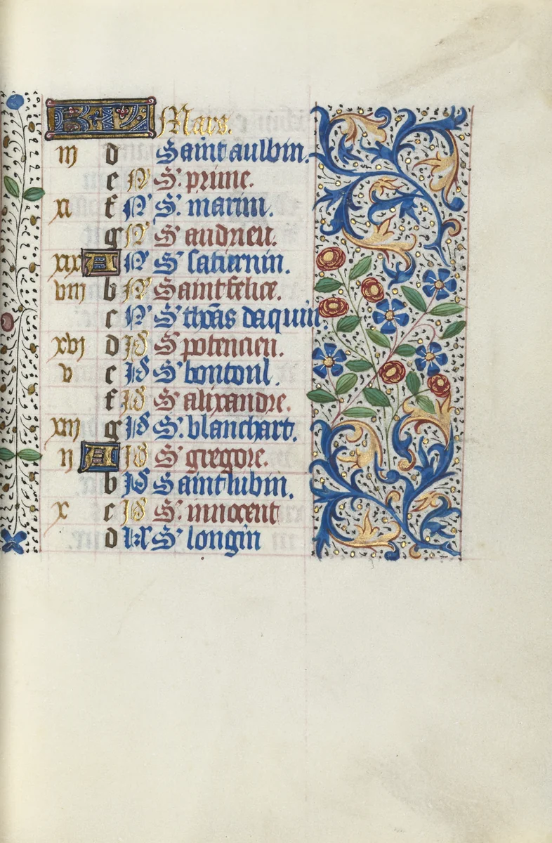 Book of Hours (Use of Rouen): fol. 3r, Calendar Page for March by Master of the Geneva Latini, book, 1465-1475