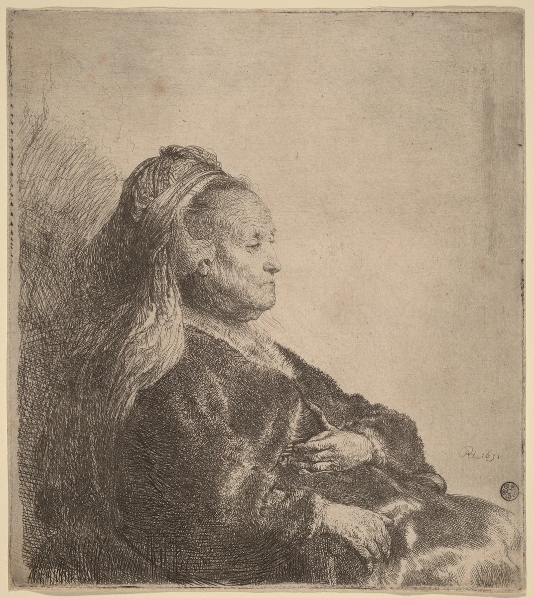 The Artist's Mother Seated, in an Oriental Headdress by Rembrandt van Rijn, print, 1631