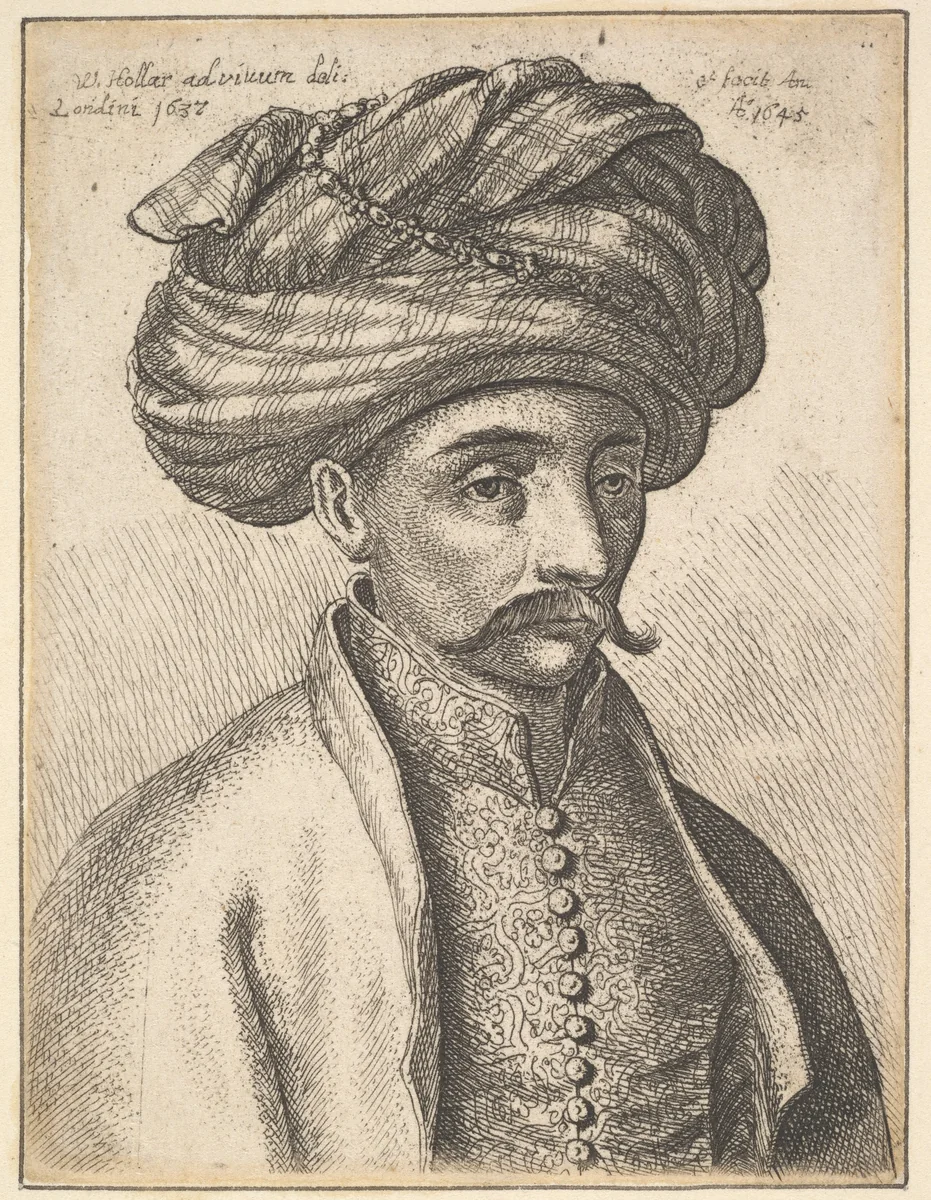 Head and shoulders of a Turkish man, with a moustache and a large turban by Wenceslaus Hollar, print, 1645