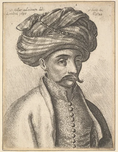 Head and shoulders of a Turkish man, with a moustache and a large turban by Wenceslaus Hollar, print, 1645