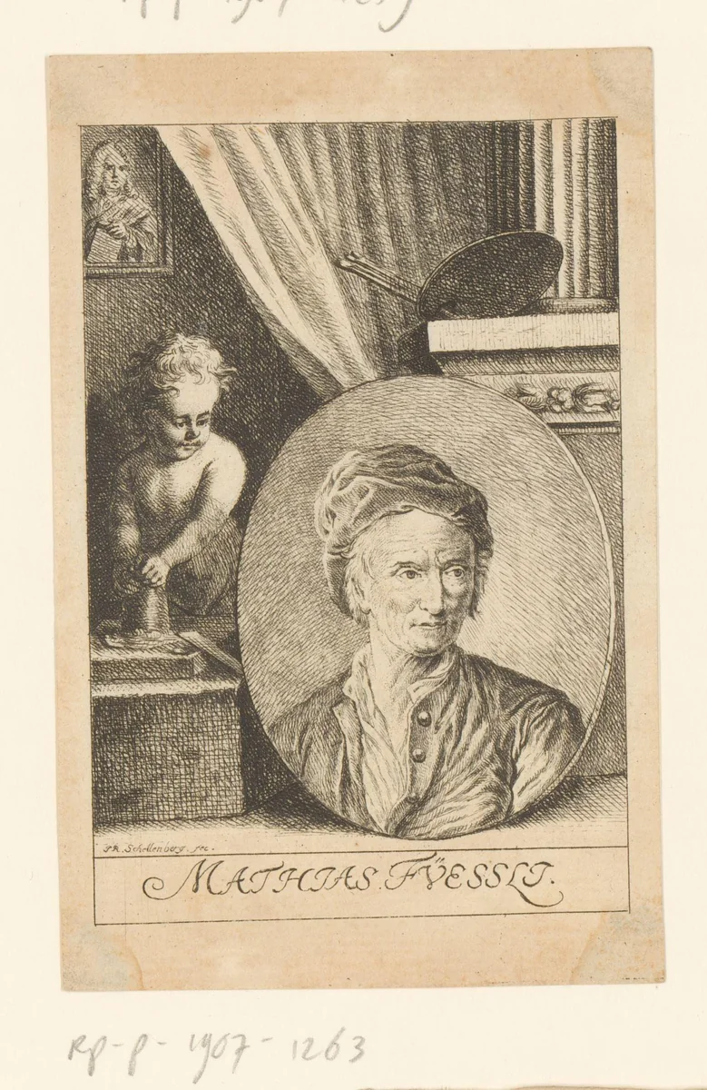 Portret van Mathias Füssli by Johann Rudolph Schellenberg, print, 1750-1806
