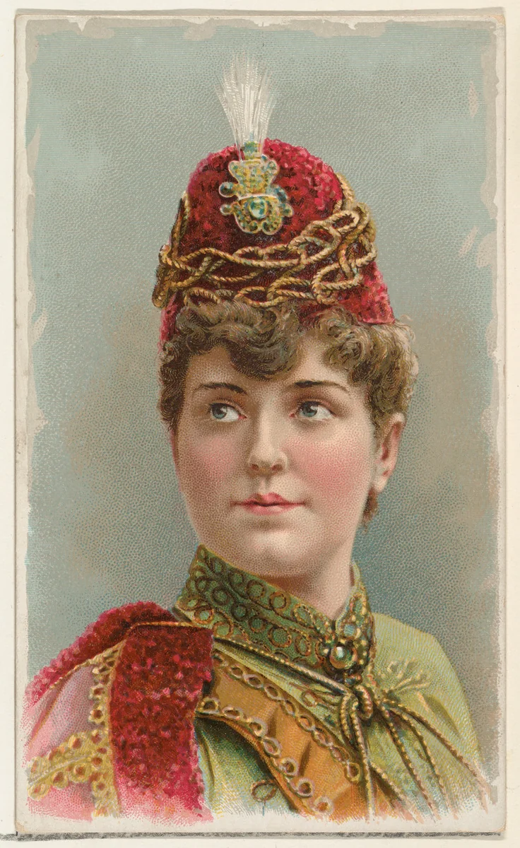 Actress wearing military-inspired cap, from Stars of the Stage, First Series (N129) issued by W. Duke, Sons & Co. to promote Honest Long Cut Tobacco by W. Duke, Sons & Co., print, 1890