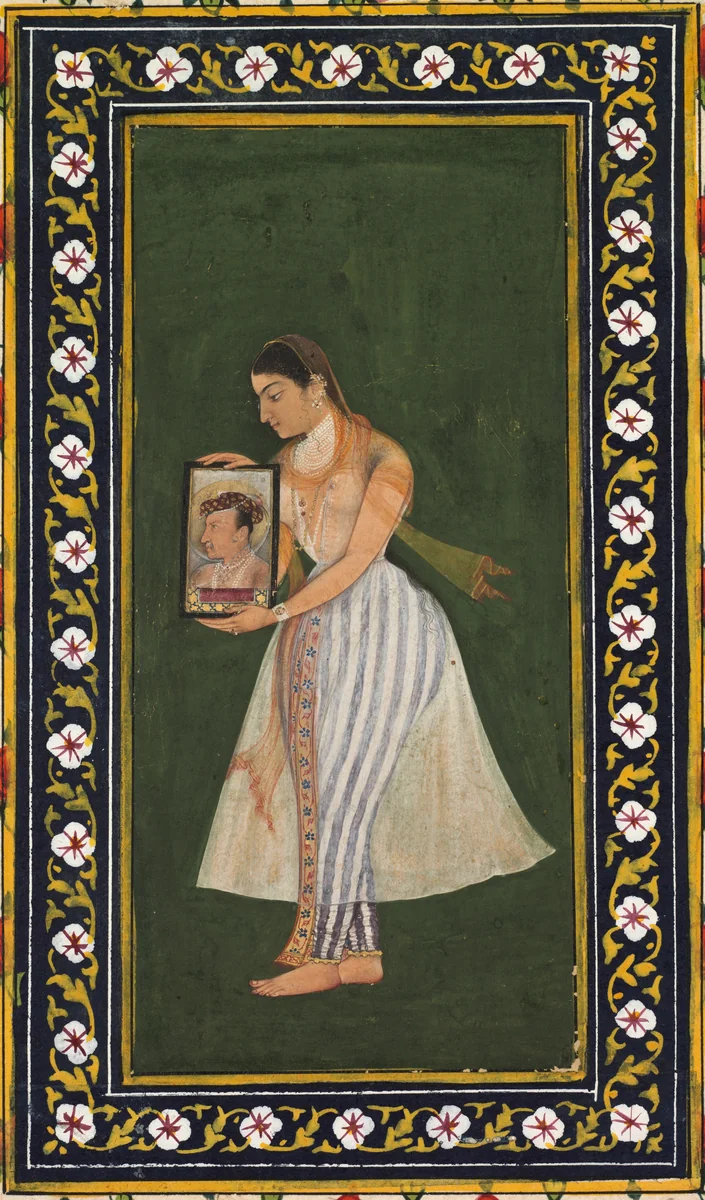 Nur Jahan holding a portrait of Emperor Jahangir by Bishandas, painting, 1622-1632