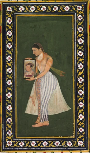 Nur Jahan holding a portrait of Emperor Jahangir by Bishandas, painting, 1622-1632