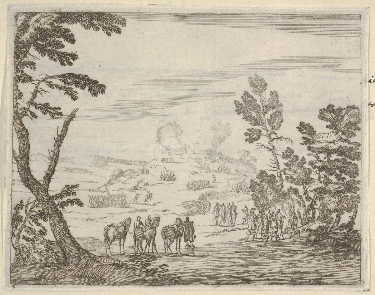 Thankful for Having Survived, Francesco I d'Este Finds Refuge in the Shade of a Tree, as Anone is Overtaken with Heavy Musket Fire and the Example of His Own Survival, from "L'Idea di un Principe ed Eroe Cristiano in Francesco I d'Este, di Modena e Reggio Duca VIII [...]" by Bartolomeo Fenice, print, 1659