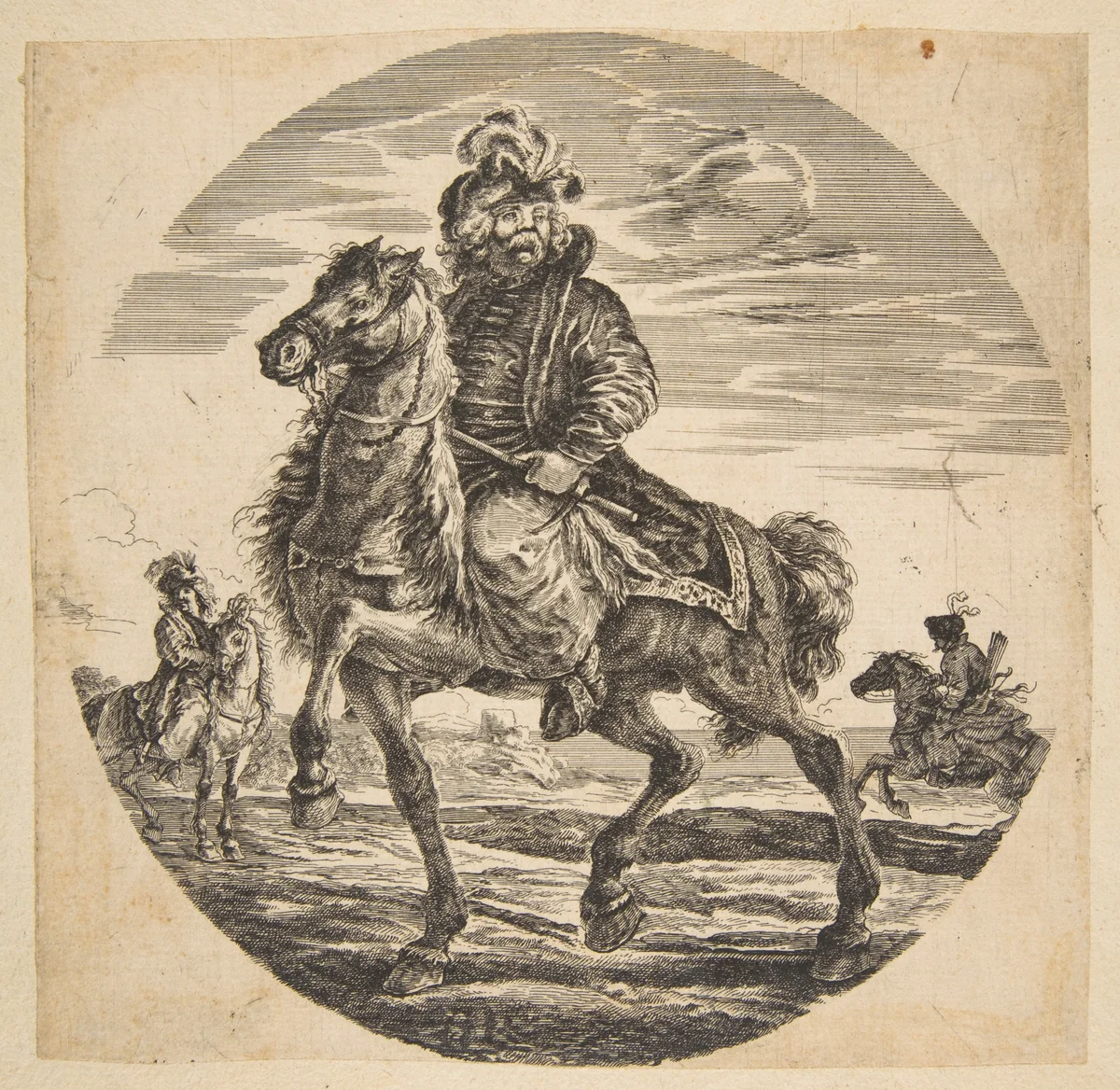 Hungarian horseman riding towards the left, other horsemen in the background, a circular composition from 'Figures on Horseback' (Cavaliers nègres, polonais et hongrois) by Stefano della Bella, print, 1663-1724