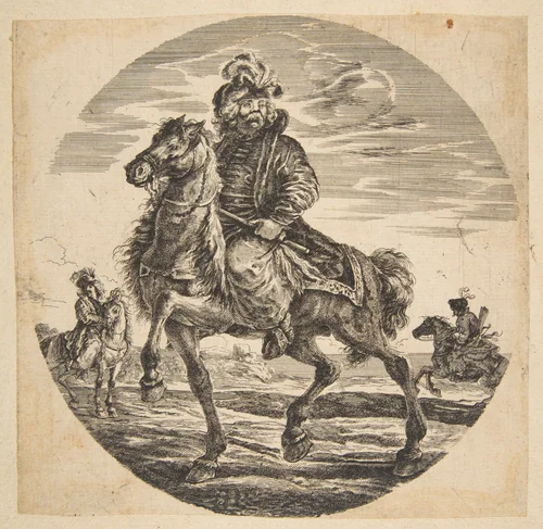 Hungarian horseman riding towards the left, other horsemen in the background, a circular composition from 'Figures on Horseback' (Cavaliers nègres, polonais et hongrois) by Stefano della Bella, print, 1663-1724