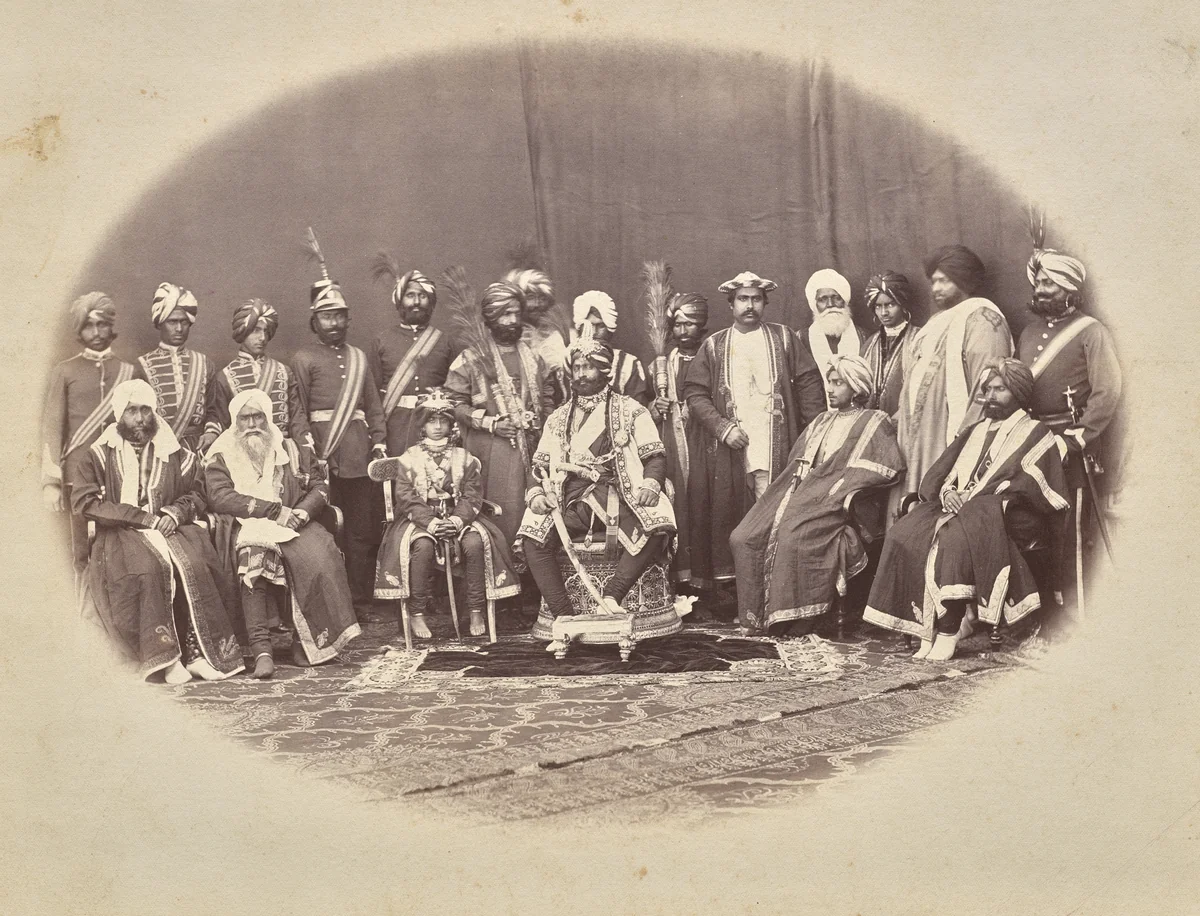 Maharaja Ranbir Singh of Jammu and Kashmir with Sons and Courtiers by Bourne & Shepherd, photograph, 1870-1879