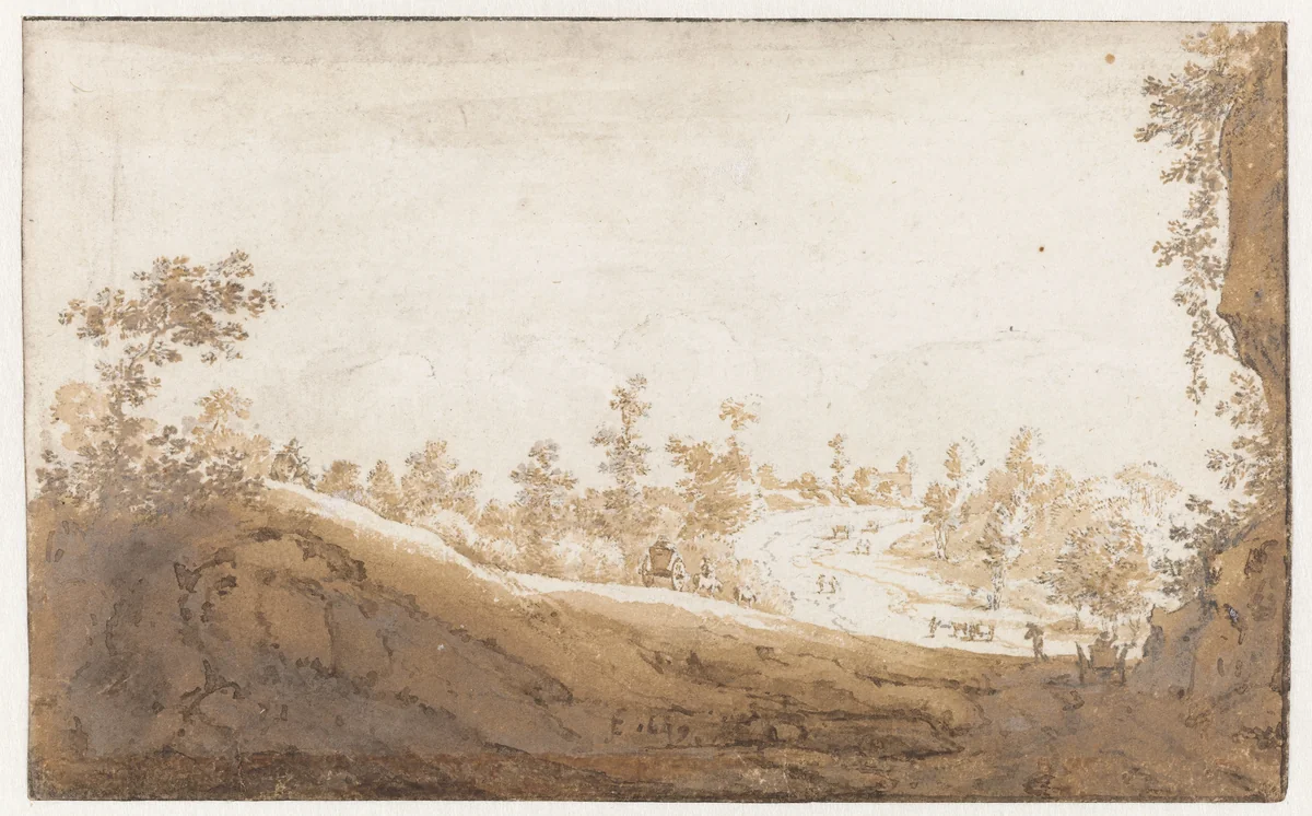 Heuvellandschap met karren buiten Brussel by Jan de Bisschop, drawing, 1649