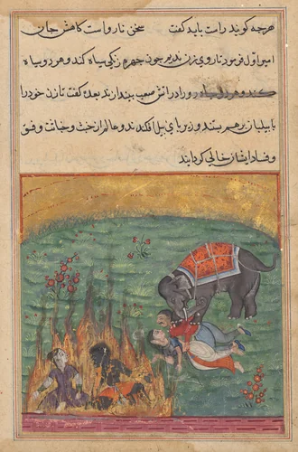 As punishment, the jester’s wife and the Zangi are thrown into fire and the emir’s wife and the mahout are trampled by an elephant, from a Tuti-nama (Tales of a Parrot), Twenty-second Night by Unknown, painting, 1555-1565