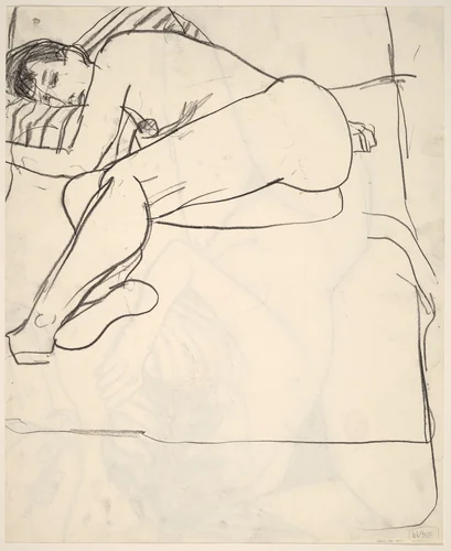 Untitled [female nude resting on a bed with a striped pillow] [verso] by Richard Diebenkorn, drawing, 1955-1967